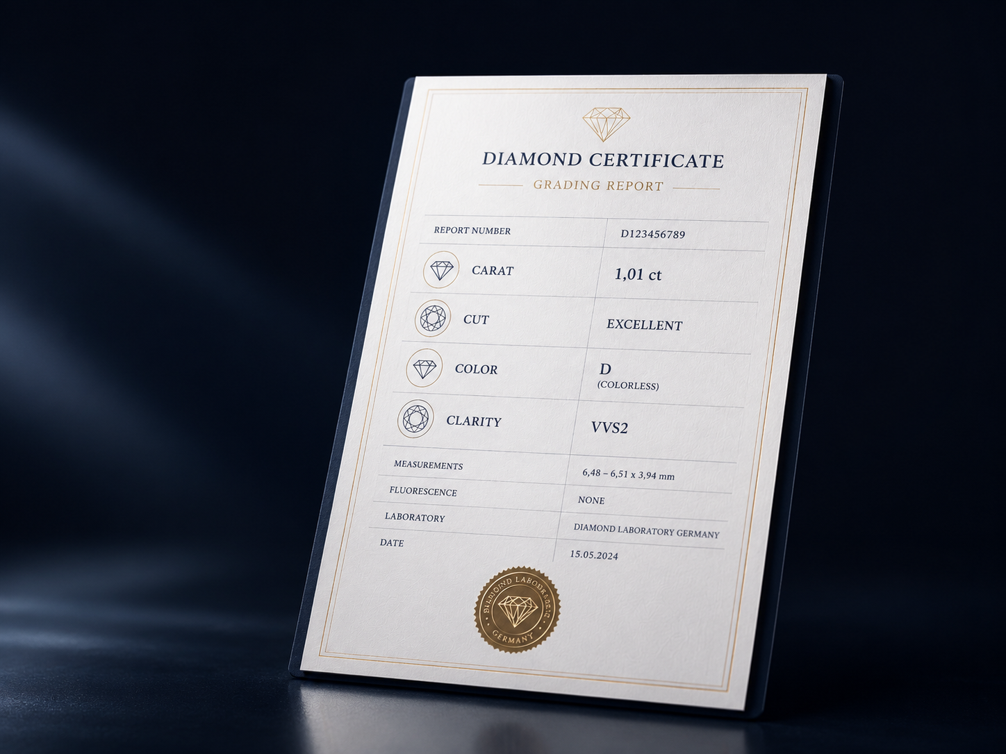 Diamantenzertifikat mit den wichtigsten Qualitätsangaben